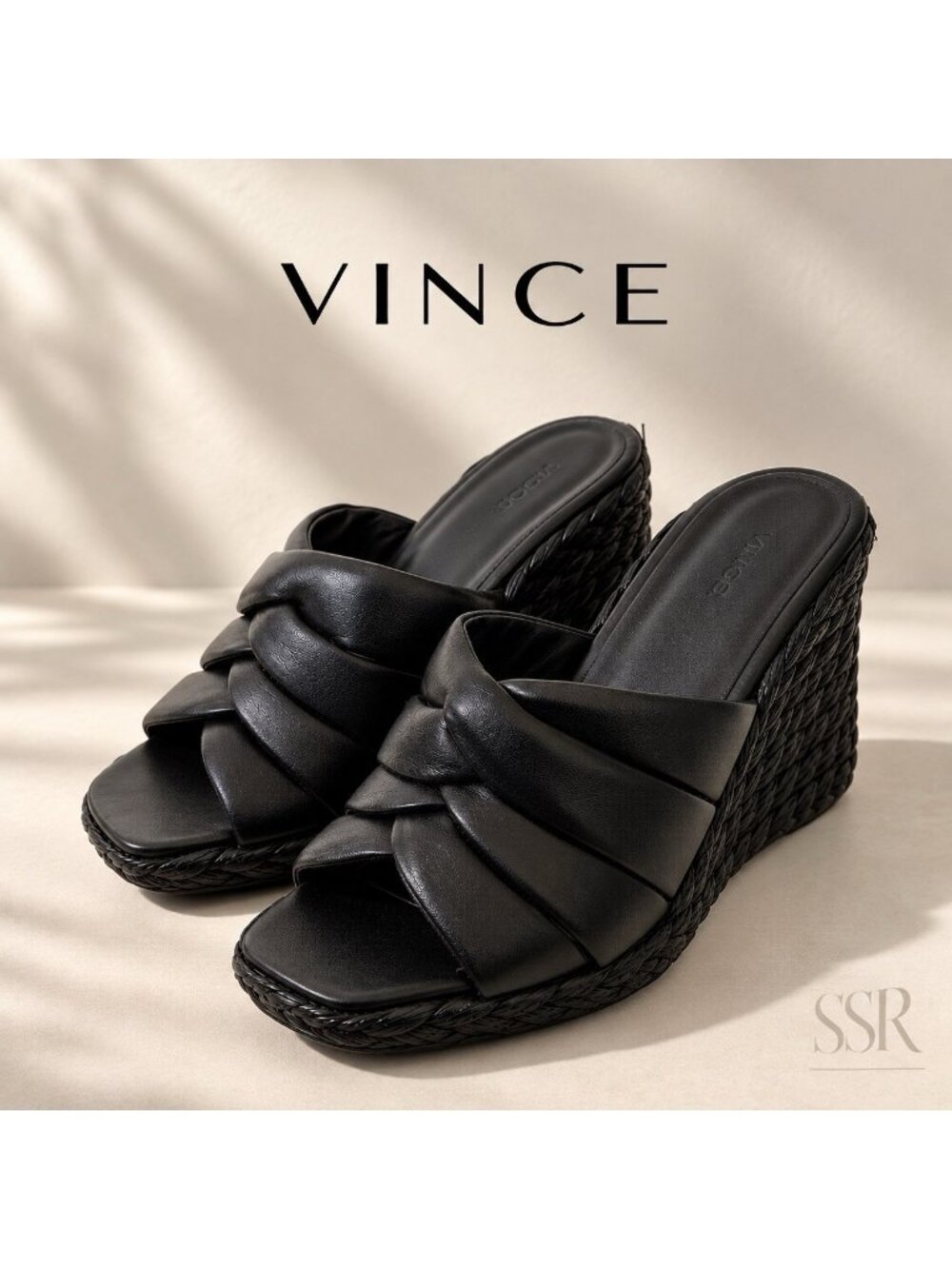 Vince Gilian Black Leather Espadrille Wedge Sandals Size 9.5 Made in Spain
